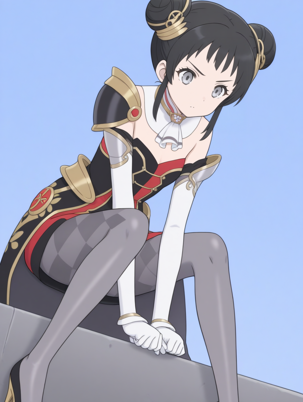 perfect quality,best quality,absolutely eye-catching,ambient occlusion,raytracing BREAK
1girl,<lora:hana IL v1.1>,hana,double bun,black hair,grey eyes,hair ornament,detached collar,white detached sleeves,open coat,  ,short dress,red dress,black dress,argyle pantyhose,gloves,armor,high heels,grey pantyhose,gold hair ornament,, dutch angle,close-up,leaning_forward,paw_pose,v_arms,m_legs,