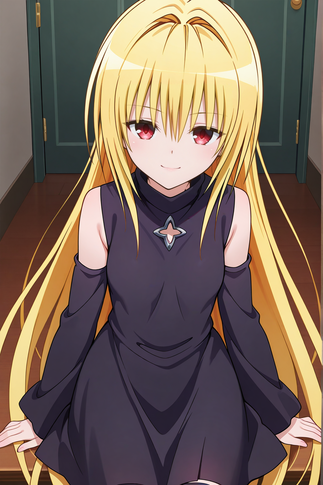 masterpiece, best quality, absurdres, highres, very aesthetic, very awa, BREAK, anime coloring, anime screencap,
<lora:konjiki_no_yami_v3-illustrious_r1:1>, 1girl, konjiki no yami, to love-ru darkness, red eyes, blonde hair,
BREAK, looking at viewer, seductive smile,
BREAK, eve \(black cat\), cross necklace, detached sleeves, dress, goth fashion, black thighhighs,