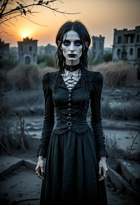 positiv Clip L:
an award-winning, photo, of a skinny Gothic woman,
positiv Clip G:
an award-winning, photo, of a skinny Gothic woman, that captivates the viewer. natural dark blue eyes exude depth and penetration. sunset in the background,