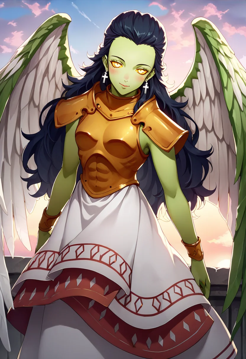score_9, score_8_up, score_7_up, source_anime, BREAK 1girl, looking at viewer, smile, blush, <lora:GabrielSMT-pdxl:1> gabySMT, long hair, green skin, yellow eyes, colored sclera, cross earrings, pointy ears, empty eyes, angel wings, armor, breastplate, pauldrons, wristband, dress <lora:FE3H-S-Rank-pdxl_Fp:1> sky, cloud, sunset