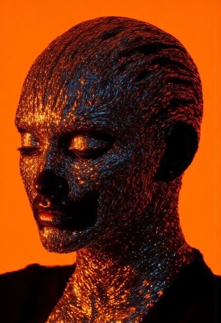 A hyper-realistic close-up portrait of a black-skinned woman, captured in a third-quarter profile shot, with her serene expression conveying peace and calm. Her entire head is encased in a sleek chrome mold that forms an intricate, seamless mask, covering her head except for her eyes, nose, lips, and ears. The chrome finish glimmers under the light, with a smooth, reflective surface that contrasts with the delicate features of her exposed face. Her eyes are open, gazing intensely, while her lips and nose remain visible, their subtle contours accentuated by the polished chrome. Her short, edgy pixie cut hairstyle adds a modern, sleek element to the composition. The background is a plain, deep orange, creating a striking contrast that enhances the chrome mold, making it appear more vivid and surreal. The mood is dark, mysterious, and captivating, imbued with an ethereal aura. Rendered in HD, 8K with cinematic lighting, soft focus, and a shallow depth of field, capturing the intricate reflections and texture of the chrome and the calm elegance of her expression. Camera: Canon EOS R5, Lens: 85mm f/1.4, Aperture: f/1.4, ISO: 100, Shutter Speed: 1/200. Inspired by high fashion and surrealism, photographed by Nick Knight. (midjourney_whisper_avant_couture, aidmaimageupgrader, perfection style, ne0nfant4sy, aidmaMJ6.1)