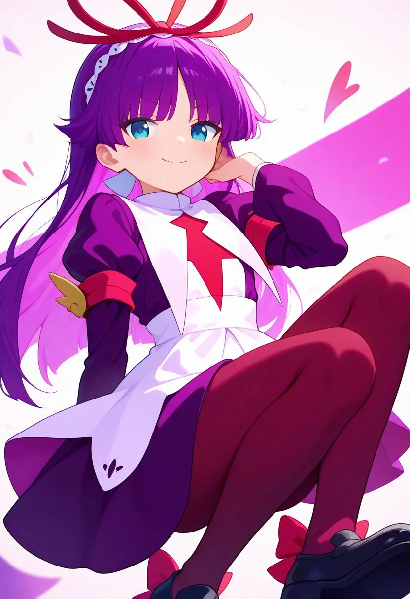 <lora:PFeli_SDXL_Illustrious01_fp16_ver01:1>,PFeli, 1girl, long hair,purple hair, pantyhose, dress,red ribbon, blue eyes, black footwear,long sleeves, red bow,hairband,smile,newest, masterpiece, best quality, very aesthetic, absurdres,<lora:detailed_hands:1>,hand