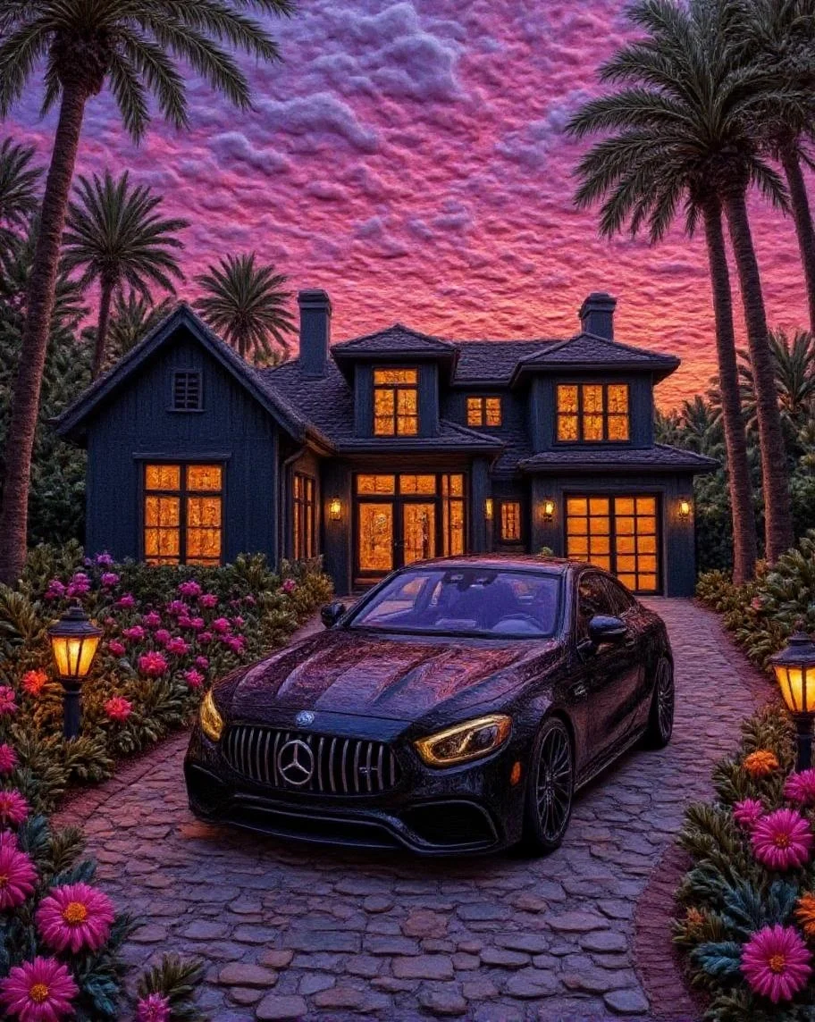 <lora:YarneyYarnYarnv2.safetensors:1>  The subject is a futuristic, neon-drenched vision of a sleek black sports car, its glossy surface reflecting electric pink, cyan, and purple tones, parked on a cobblestone driveway in front of a luxurious modern house. The car, with its iconic grill and headlights, emits a warm, yellow light, contrasting with the deep, shadowy blacks and metallic reflections of its surroundings. The design of the car is both elegant and aggressive, with smooth curves and a low, aerodynamic stance that suggest speed and luxury.
The backdrop features a house with modern architecture, characterized by large, rectangular windows that are warmly lit from within, suggesting a welcoming and opulent interior. The structure is partially obscured by tall, manicured trees on either side of the driveway, providing a sense of privacy and exclusivity to the setting. Small lampposts with a classic design line the driveway, adding to the ambiance with their soft, inviting light.
Above, the sky is a breathtaking canvas of colors, transitioning from deep purples and reds to hints of orange and pink as the sun sets. This dramatic backdrop enhances the luxurious feel of the scene, casting a dreamlike glow over the entire setting. The interplay of light – from the sunset, the car’s headlights, and the inviting interior lights of the house – creates a captivating visual narrative of elegance and quiet sophistication.
This photograph is a classic example of fashion photography, with an emphasis on high-end lifestyle and automotive design. The composition, lighting, and subject matter all work together to convey a sense of aspirational living, blending the natural beauty of the twilight with the sleek, man-made luxury of the car and house.