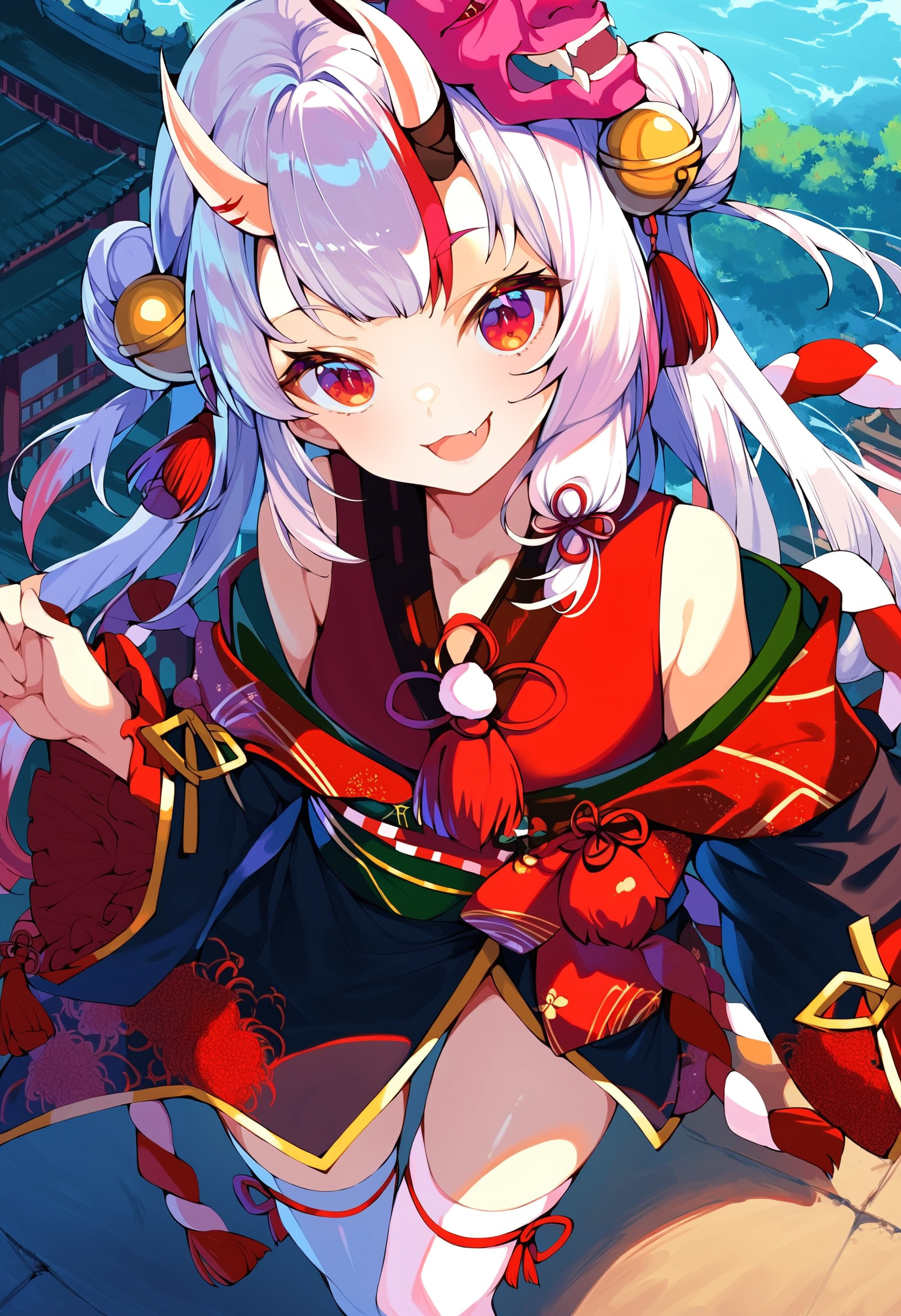 score_9, score_8_up, score_7_up, score_6_up, source anime,
nakiri ayame, nakiri ayame base, 1girl, skin-covered horns, thighhighs, oni mask on head, hair bell, kimono, oni, hair bun, solo, looking at viewer, double bun, fang, open mouth, white thighhighs, hair ornament, off shoulder, black kimono, smile, east asian architecture, scenery, from above, standing
<lora:nakiri_ayame_v1:1>