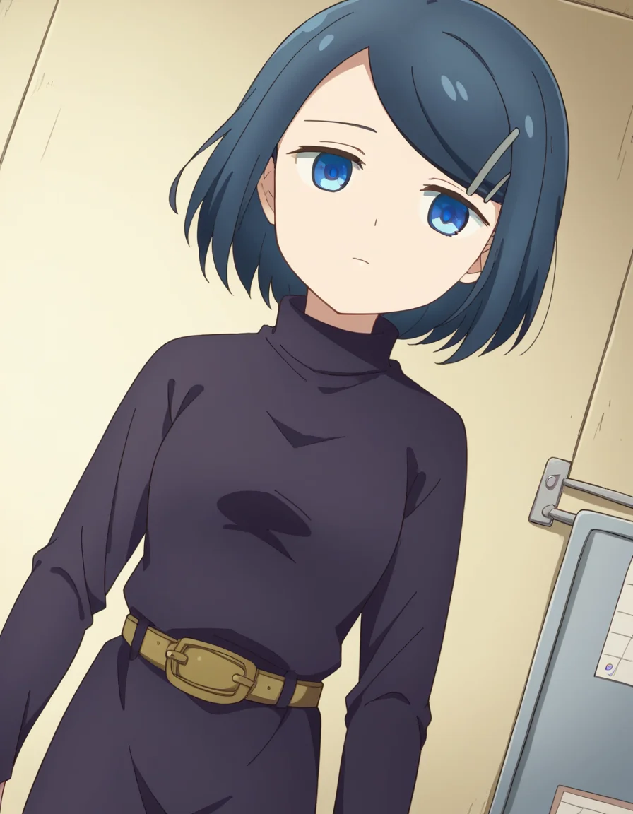 score_9, score_8_up, score_7_up, source_anime, <lora:dungeonpeople-clay-s1-ponyxl-lora-nochekaiser:1>, clay, short hair, blue eyes, black hair, hair ornament, blue hair, hairclip, swept bangs,, dress, belt, long sleeves, turtleneck,, hospital room, bedside, get well flowers, comforting, quiet, , looking at viewer, from above,, solo,, cowboy shot, dutch angle