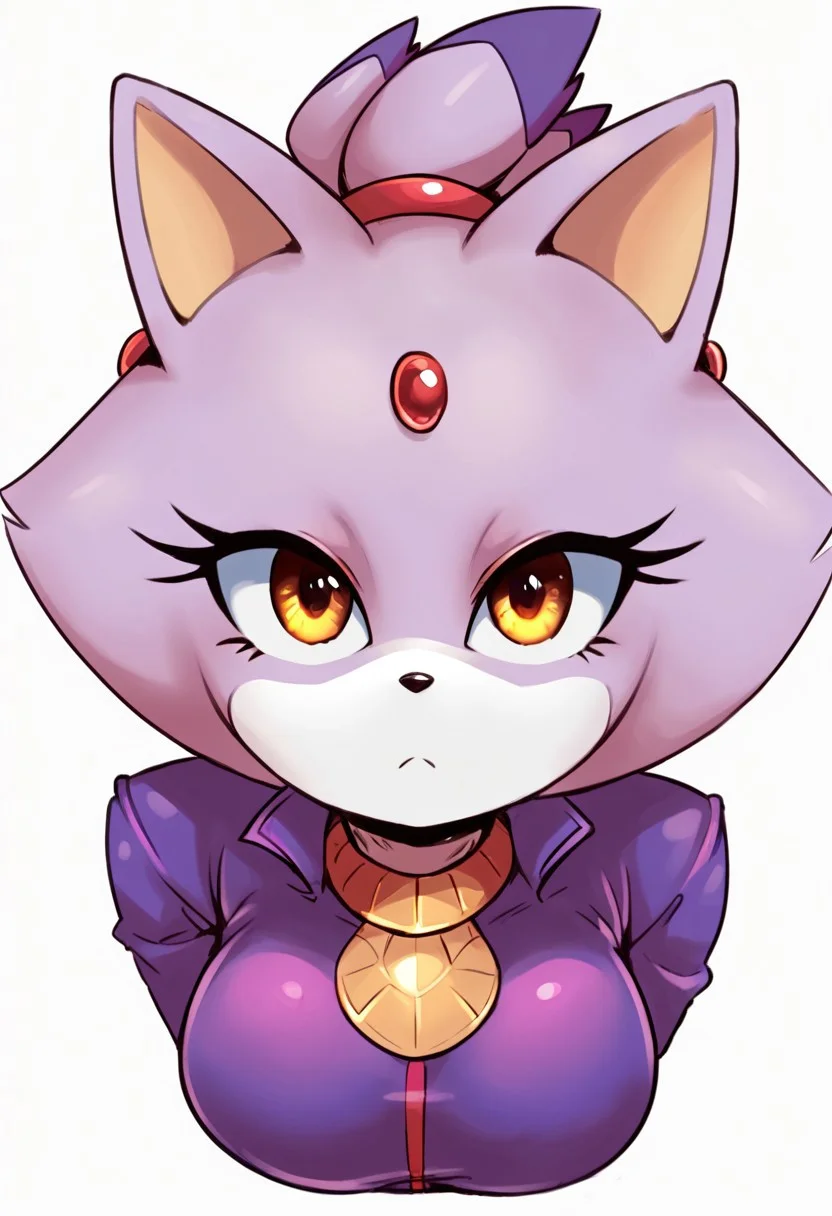 score_9, score_8_up, score_7_up, source_anime, blaze the cat, blaze the cat (sonic), large breasts, huge breasts, enormous breasts, big breasts, short stacked, short, adorable, upper body, white background, blank background, looking at viewer, white gloves, 1girl, 1girl only, perky breasts, focussed expression, big eyes, large eyes, arms out to sides, athletic upper body, toned upper body, firm breasts, red line in centre of jacket, closed purple jacket,