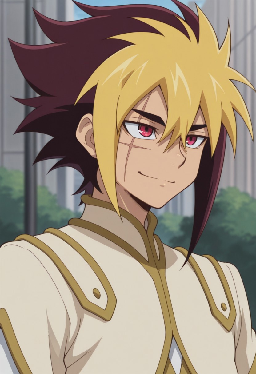masterpiece,best quality,amazing quality, source_anime, 
Thomrclight, 1boy, male focus, solo, red eyes, scar across eye, multicolored hair, brown hair, blonde hair, shirt, white shirt, coat, brown coat, short over long sleeves, portrait, outdoor, smile, closed mouth,