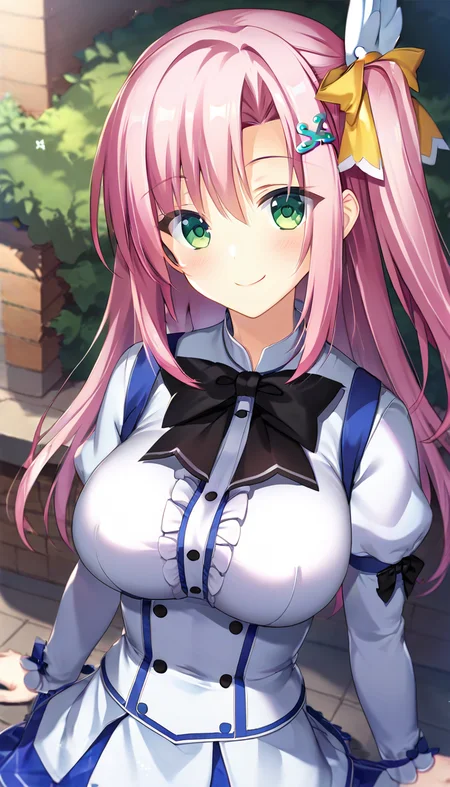 score_9,score_8_up,score_7_up,score_6_up BREAK official art,solo,outdoors,upper body,(portrait:1.5),looking at viewer,facing viewer,smile,blush,Tsubasa Touri,long hair,pink hair,hair one side up,hair ornament,hairclip,hair bow,yellow bow,sidelocks,hair between eyes,bangs,green eyes,school uniform,white shirt,black bow,black ribbon,large breasts,long sleeves,puffy detached sleeves,white skirt,frilled skirt,black socks,loafers,<lora:Tsubasa Touri(pa)-Pony:1.4>,