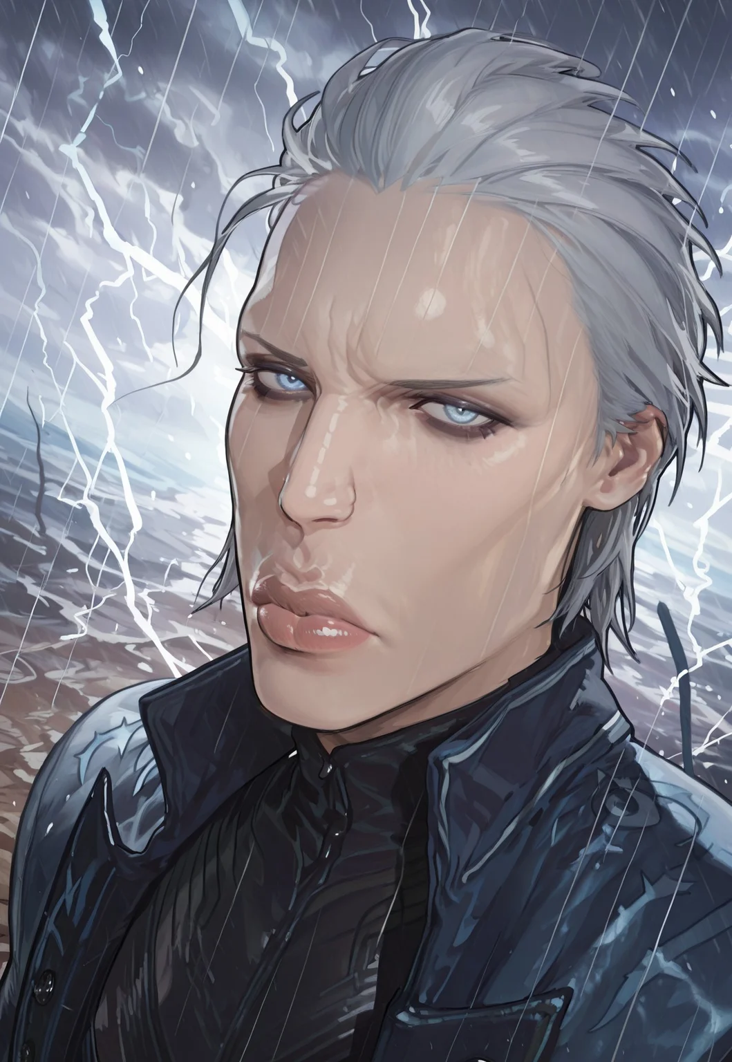 masterpiece, beautifully drawn, elegantly detailed, , safe_pos, 1boy, mature,, big lips, bimbo, big lips, glowing eyes, full body,
safe_pos, 3/4 portrait, looking at viewer, face focus, dutch angle, dynamic angle, ambient lighting, super detailed eyes, brutal,
Dark eyeshadow, anime-style, semi-realistic, ultra-detailed, sharp lineart, high-resolution, cinematic lighting, high-contrast colors,
upper body, <lora:dmc5_vergil_ponyXL:1> dmc5vergil, looking at viewer, outdoors, storm,
white hair, blue eyes, short hair, cheekbone, sexy lips, focused, focused emotion