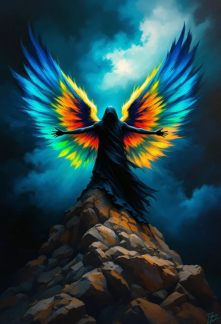 A conceptual painting of a mystical figure with a pair of vibrant, multi-colored wings perched atop a rocky outcrop. The figure's body is partially concealed by the wings, which are bursting with deep blues, rich yellows, fiery oranges, and emerald greens. The wings are masterfully crafted with thick, expressive brushstrokes that add texture and movement to the scene. The figure's silhouette contrasts against the swirling dark clouds in the background, amplifying the ethereal atmosphere. The painting's dynamic composition and striking visuals convey a sense of power, freedom, and spiritual transcendence, as the figure's celestial form captivates the viewer.