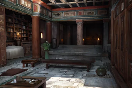 highly insanely detailed, masterpiece, top quality, best quality, highres, 4k, 8k, RAW photo, (very aesthetic, beautiful and aesthetic),
Ancient Roman Interior Design,RomInt,ancient_roman_kitchen,terra_cotta_stove,spice_jars,ancient_roman_bathroom,Balneum,
<lora:RomanInterior-10:0.7>,
(1girl:1.3),
1other,
(dark_skin,tan_skin,tanned skin,dark skin,dark-skinned,black-skinned,bronze skin,bronzed skin,cinematic Bronze tan tanning skin tone:1.1),
,
,
(extravagant Murphy bed) made of wicker material, blue color, classic style, multi-functional, caster wheels, fringed edges, adorned with metal inlays,marble tops,embossed leather, located in a rustic library, with wooden shelves, earthy tones, cozy atmosphere, warm lighting,
scenery,âââ