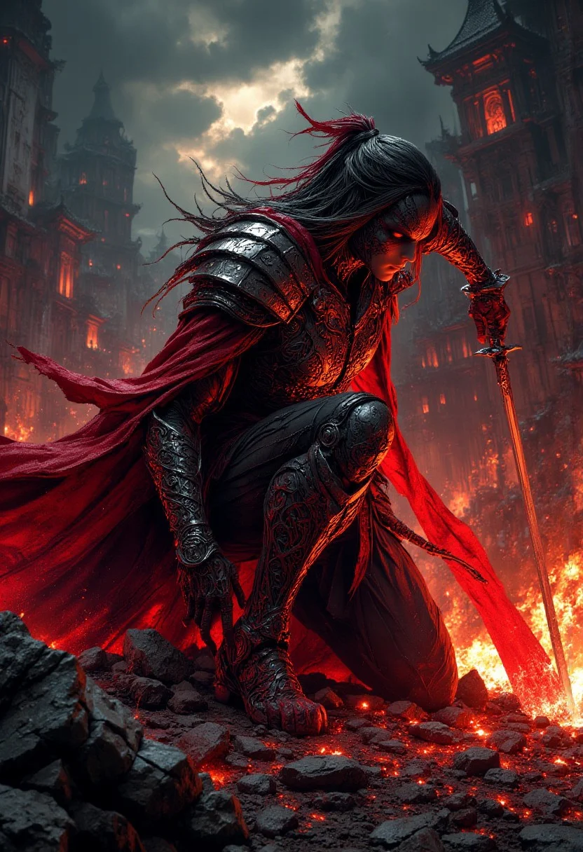 high detail,masterpiece,4K resolution, sharp, anime illustration of a Spawn cinematic Action Scene of a woman. she is looking like Mulan. her traditional warrior armor has been transformed into dark, metallic red and black armor that fuses with Spawn’s iconic look. Her sword is now covered in glowing runes, and her armor is enhanced with spiked shoulder pads and clawed gauntlets. Her hair is loosely tied back, but with streaks of glowing crimson running through it. she is crouched low, mid-battle, with her sword raised and ready to strike. Black energy swirls around her. Her expression is intense, showing her fearless warrior spirit as she prepares for combat.A burning battlefield with ruins of an ancient palace behind her. The ground is littered with broken weapons and smoldering fires. Dark, smoky clouds hang low in the sky, illuminated by flashes of red lightning, creating a sense of chaos and destruction in the scene