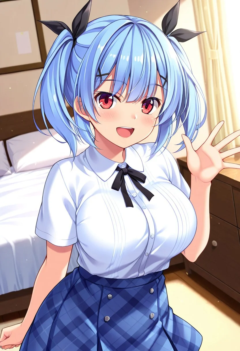general,highres, ultra-detailed,very aesthetic,best quality ,best hands,best eyes,easynegative,
dynamic anglre, dutch angle, anime cloring,
1girl solo,looking at viewer,indoors,bedroom,smile,open mouth,waving hand,
Rika Nanase,light blue hair,short hair,twintails,hair ribbon,black ribbon,red eyes,large breasts,shirt,skirt,
