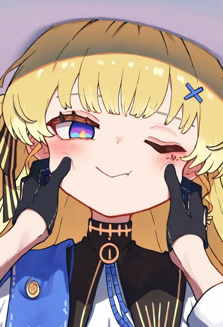 solo, 1girl, phoebe, long hair, blonde hair, hat, white headwear, ribbon, hair ornament, dress, white dress, blue eyes, very long hair,hair ribbon, x hair ornament, gradient eyes, multicolored eyes, purple eyes, xd, cheek_pinching, one_eye_closed, black_gloves, rover,hand tattoo, tacet mark \(wuthering waves\).gold tattoo, portrait,close up, explicit, morino hon,nuu \(nu-nyu\),{harada takehito},masterpiece,best quality,newest,absurdres,highres,very awa,