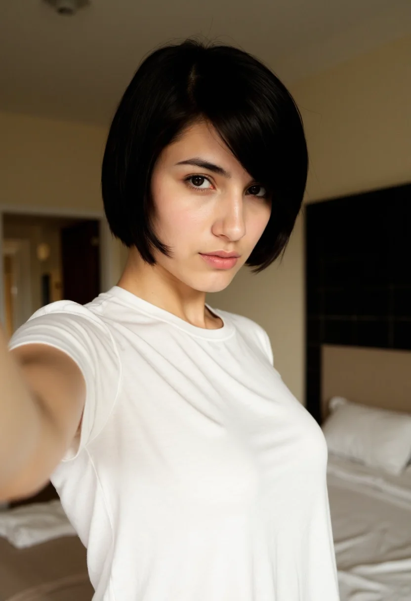 Amateur selfie of a ugly lebanese young woman, black short hairs, standing in bedroom. He is wearing a white t-shirt colors. is looking directly at the camera with a serious expression. Casual, noise, slight overexposure, jpeg artifacts, on flickr in 2007, 2005 blog, 2007 <lora:flux_realism_lora:1>,