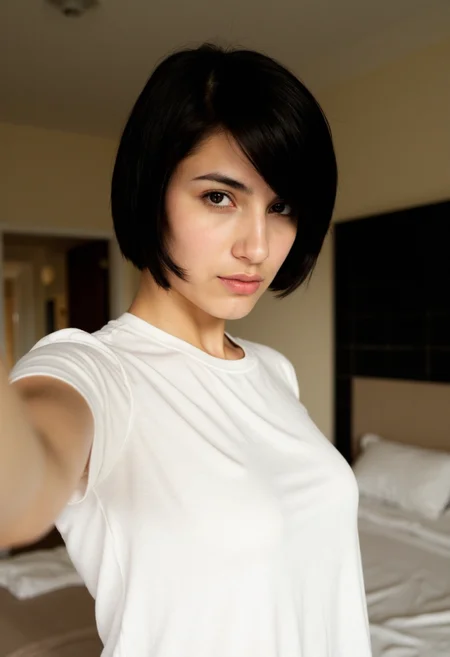 Amateur selfie of a ugly lebanese young woman, black short hairs, standing in bedroom. He is wearing a white t-shirt colors. is looking directly at the camera with a serious expression. Casual, noise, slight overexposure, jpeg artifacts, on flickr in 2007, 2005 blog, 2007 <lora:flux_realism_lora:1>,