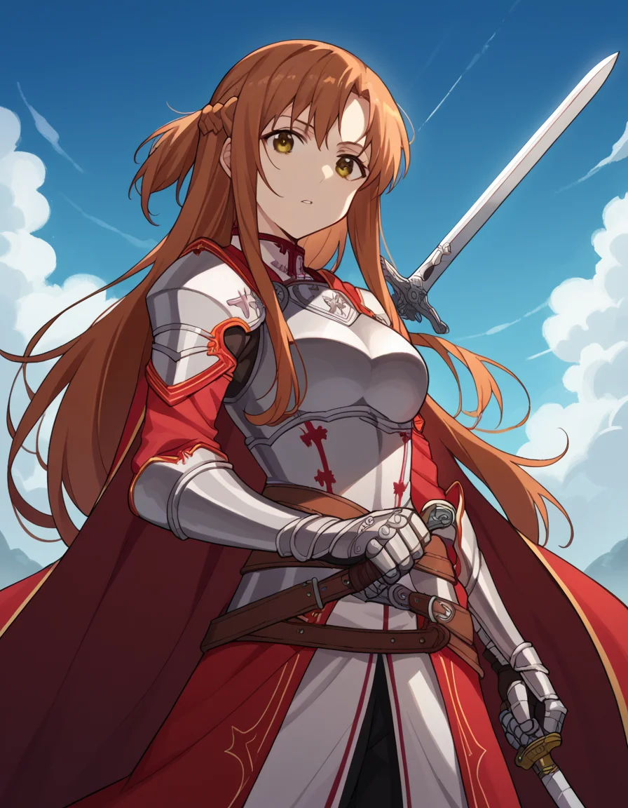 score_9, score_8_up, score_7_up, source_anime, asunayuuki, <lora:asuna-yuuki-s1-ponyxl-lora-nochekaiser:1>, asuna yuuki, long hair, brown hair, brown eyes, medium breasts,, <lora:knight-ponyxl-lora-nochekaiser:1>, knight, armor, cape, sword, weapon, holding weapon, shoulder armor, gauntlets, helmet, pauldrons, red cape,, blue sky, clouds, from below, parted lips, looking at viewer