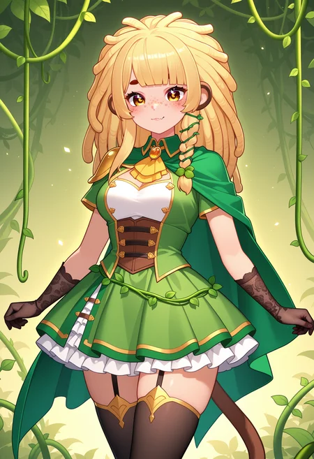 1girl, solo, <lora:BananaJuju_v2:0.8> bananajuju, long hair, symbol in eye, side braid, blunt bangs, vines, freckles, monkey ears, monkey tail, skin fang, light smile, blunt bangs, dreadlocks, blonde hair, medium breasts,
fantasy uniform, shoulder cape, frilly skirt, lace gloves, thighhighs, brooch, (medium shot), detailed face, located in a magical scene at a enchanted magical academy during noon with foggy weather, illuminated by radiant beams, creating a ethereal,epic atmosphere