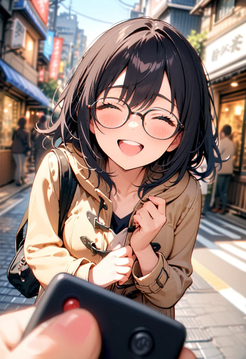 masterpiece, best quality, very aesthetic, absurdres,
1girl, solo, glasses, black hair, medium hair, medium breasts, duffle coat, black bag, happy, laughing, bluish, looking at viewer, own hands together, street, cityscape,
remote controller, holding, pov, fingernails,
<lora:remocon_SDXL_V2:0.8>