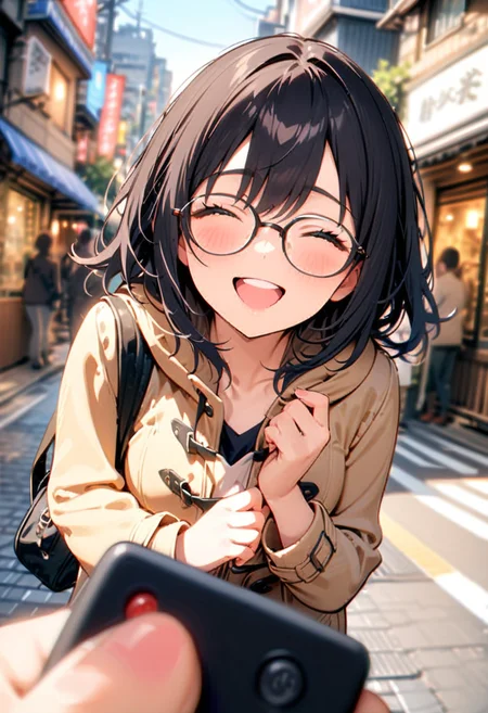 masterpiece, best quality, very aesthetic, absurdres,
1girl, solo, glasses, black hair, medium hair, medium breasts, duffle coat, black bag, happy, laughing, bluish, looking at viewer, own hands together, street, cityscape,
remote controller, holding, pov, fingernails,
<lora:remocon_SDXL_V2:0.8>