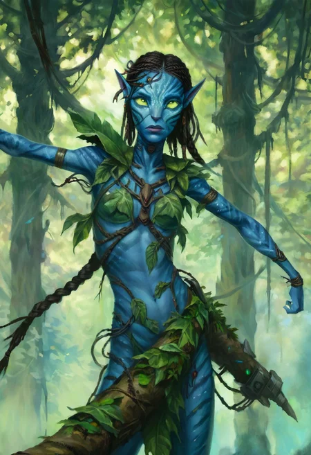 w4rh4mm3r style oil painting of a female cyborg Avatar navi alien with blue skin, wearing torn and damaged leaf and bark armor, with a cybernetic arm, burning forest of huge trees in the background, long electrical wires braided hair