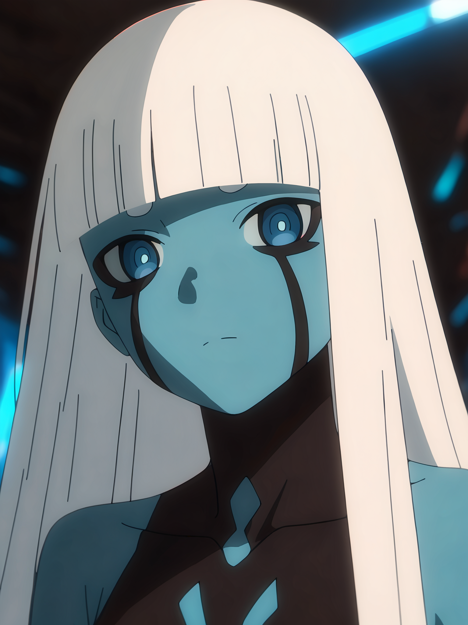 <lora:happy_tentacle-001-v0.5-000010:1>, ht_001, facial mark, colored skin, blue eyes, white hair, very long hair , cowboy shot, 1girl, (petite:1.2), solo focus, sad, (looking at viewer:1.1), indoors , , (depth of field:0.8), (from below:0.8), score_9, score_8_up, score_7_up, score_6_up, score_5_up, score_4_up,