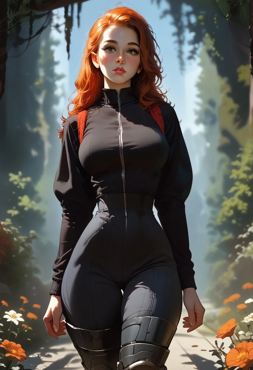 score_9, score_8_up, score_7_up, realistic, a woman, solo,
armored tactical military suit, fallout style, unzipping, muscular woman, abs, narrow waist,
cute perfect face, nerdy, slicked long ginger hair, very pretty, intricate, large breasts, perfect breasts, hips, thin, dynamic angle, braless, cinematic angle, black colored flowers,
leaning forward, side view, from below,
thick thighs, thick lips, sexy posing, horny, looking at viewer, boris valejjo, Wilnayaa,