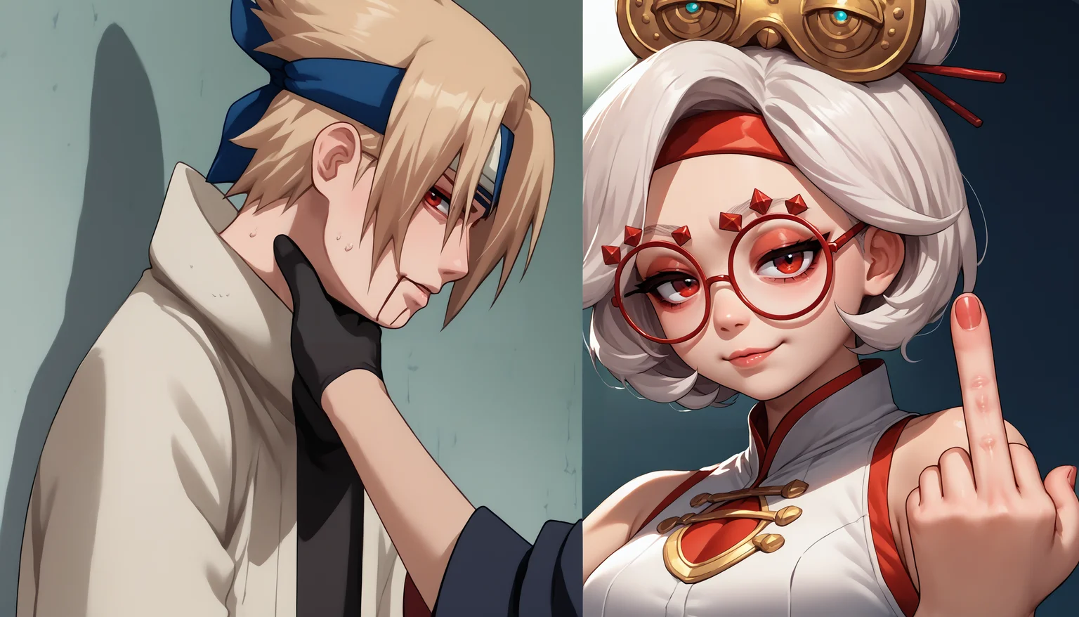 score_9, score_8_up, score_7_up, source_anime, 1girl, 1boy, <lora:SasukeChokeEditsMeme_XLPD:1>, incrschokememe, <lora:purah-pdxl-nvwls-v1:0.8> purah, hair ornament, red headband, red glasses, sleeveless shirt, white coat, gloves, middle finger, seductive, looking at viewer,