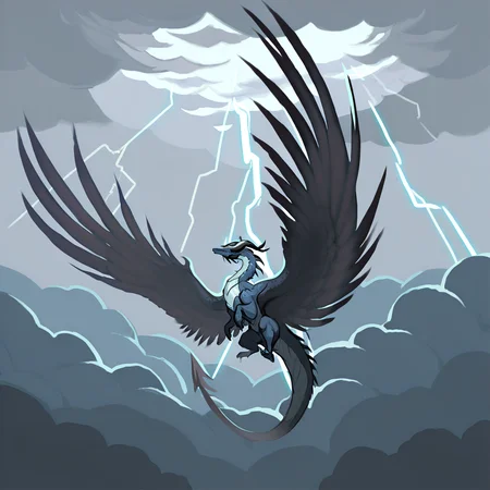 highres, best quality, masterpiece, very aesthetic, newest, <lora:HyperIllusrtrious2:1>,hyper wings,no humans,animal focus,dragon,horns,tail,large wings,flying,outdoors,sky,clouds,lightning,cloudy sky