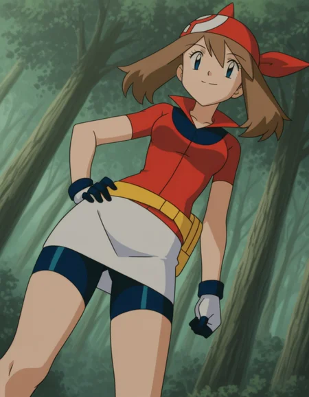 official style,may (pokemon), pokemon (anime), 2000s,brown hair, blue eyes, red bandans, red shirt, short sleeves, gloves, white pouch, white skirt, short skirt, pencil skirt, bike shorts,(standing:1.5),(hand on own hip:1.5),
explicit,(anime screencap), 2d cel anime,anime cap,anime,anime style,anime cel,cell shadedsoft brightness,perfect face,perfect nose, perfect hair, perfect eyes,perfect female body,perfect skin,a face of perfect proportion,perfect lighting,perfect anatomy,perfect proportion,perfect hands,perfect legs,perfect fingers,masterpiece,hair between eyes,
breasts,
perky breasts,best quality,very aesthetic,absurdres,16k,intricate detail,amazing quality,(bold:3.12),thick outline,black outline,harsh lines,soft lines,deluster,boldline,curvy,(anime coloring:1.2), smile,slim,
looking at viewer,
super fine illustration,detailed linework,vibrant colors,kawaii,flat color,outdoors,forest,
(dynamic angle:2.2),
<lora:ãã±ããã¢ã³ã¹ã¿ã¼ãã«ã«åå ´çã¢ãã¡ä½ç»é¢¨PokemonMayMovie_ANIME_Styleillustrious-000015:1:0.8>