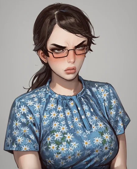 score_9,score_8,score_7,source_explicit , 1girl, solo,
<lora:Chudette:1> chudette, brown hair, pale skin, dark brown eyes, glasses, 1girl, ,eyebags, , ponytail, scowl, ,blue floral dress, big lips, angry, blushing,
<lora:Expressive_H:1> expressiveh
<lora:Eyes_High_Definition:0.25> eyeshd