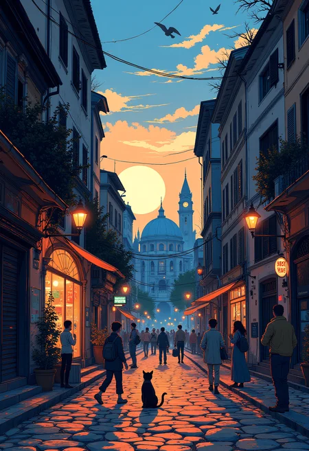 Masterpiece, Concept Art, A busy Alley in Rome Italy, tourists shopping, magical evening sky, black 1cat sits of steps observing, vibrant, aesthetic , extreme details, 8k resolution detailed, trending on artstation, pastel colours