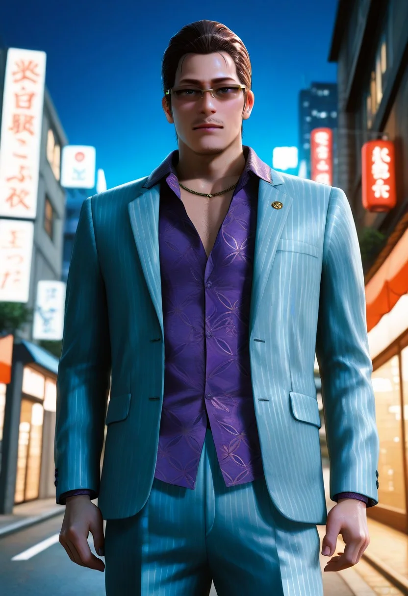 perfect anatomy, perfect proportions, best quality, masterpiece, high_resolution, high quality, best aesthetic, incredibly absurdres, highres, extremely detailed, huge filesize, ( bara, solo male, male focus, adult, mature, masculine, manly, rugged:1.4), handsome, charming, alluring, standing, upper body, dutch angle, cowboy shot, (perfect face, detailed face, photorealistic, realistic:1.4), source_game \(Judgment\), official style \(Judgment\), Toru Higash, YKZToru, dark brown hair, short hair, slicked back hair, faint facial hair, YKZToru_outfit01, gold half-frame sunglasses, light grey pinstriped suit, untucked purple and gold patterned dress shirt, purple button-up shirt, untucked shirt, lapel collar shirt, gold chain necklace, light grey pinstriped jacket, light grey pinstriped pants, oxblood cap-toe oxfords, oxblood shoes, left earrings, black ear stud, white ear piercing, apel pin, Matsugane-gumi clan crest\(badge\), outdoors, night, neon, city, low angle, from below, depth of field,