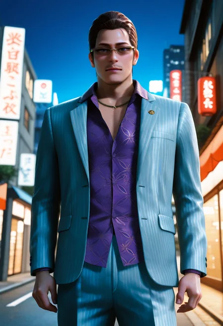 perfect anatomy, perfect proportions, best quality, masterpiece, high_resolution, high quality, best aesthetic, incredibly absurdres, highres, extremely detailed, huge filesize, ( bara, solo male, male focus, adult, mature, masculine, manly, rugged:1.4), handsome, charming, alluring, standing, upper body, dutch angle, cowboy shot, (perfect face, detailed face, photorealistic, realistic:1.4), source_game \(Judgment\), official style \(Judgment\), Toru Higash, YKZToru, dark brown hair, short hair, slicked back hair, faint facial hair, YKZToru_outfit01, gold half-frame sunglasses, light grey pinstriped suit, untucked purple and gold patterned dress shirt, purple button-up shirt, untucked shirt, lapel collar shirt, gold chain necklace, light grey pinstriped jacket, light grey pinstriped pants, oxblood cap-toe oxfords, oxblood shoes, left earrings, black ear stud, white ear piercing, apel pin, Matsugane-gumi clan crest\(badge\), outdoors, night, neon, city, low angle, from below, depth of field,