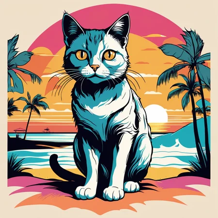 Illustrated T-shirt, Whimsical Cat Character, Sunset Beach Landscape, Tropical Color Palette, Fabric Texture, Bold Lineart, Dynamic Perspective ,
,T shirt design,TshirtDesignAF,
<lora:TShirtDesignRedmondV2-Tshirtdesign-TshirtDesignAF:1>