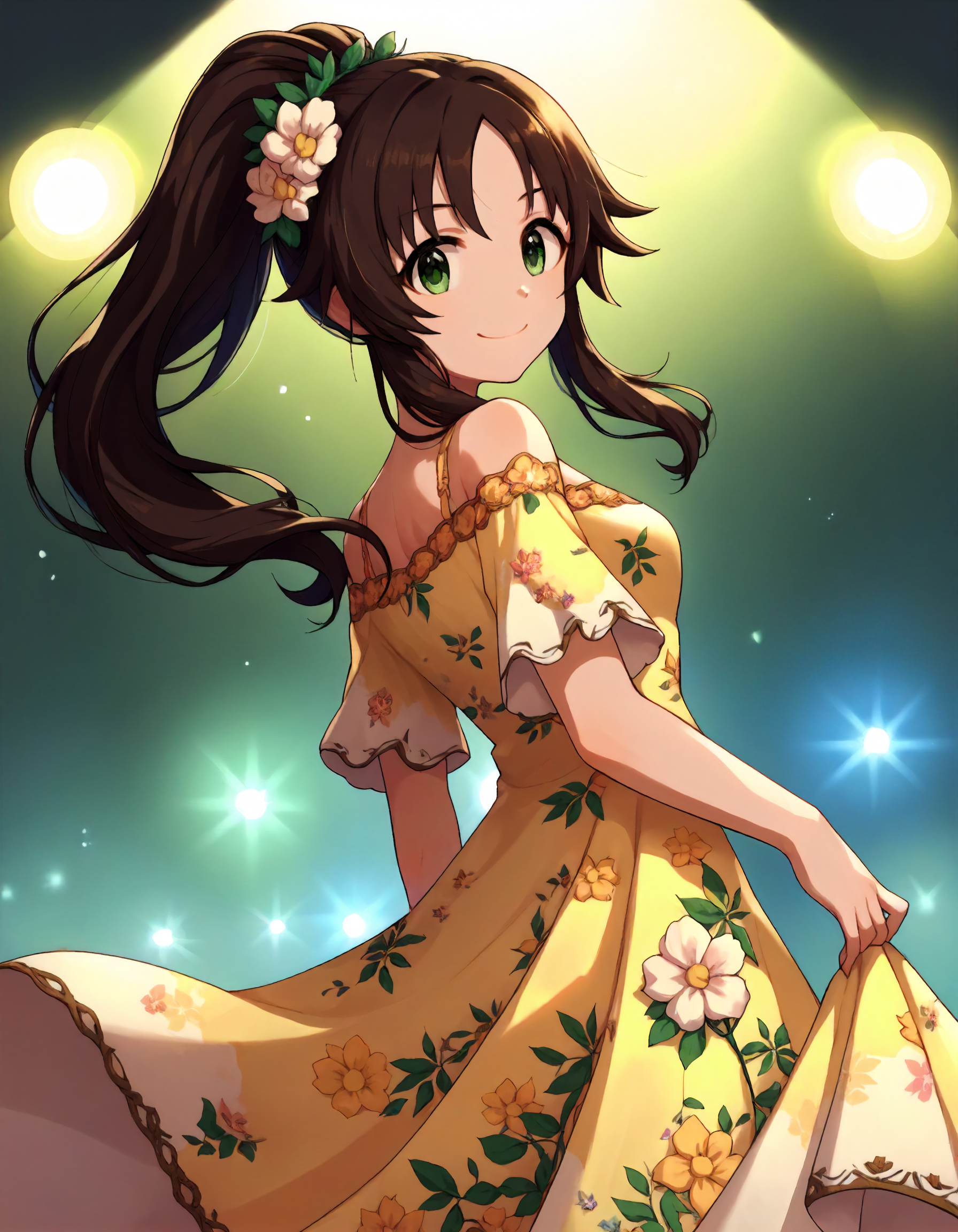 score_9,score_8_up,score_7_up,1girl,solo,cowboy shot,looking at viewer,smile,closed mouth,stage lights,
<lora:himekawayuki_ponyXLV6:0.8>,cghyk,
brown hair,ponytail,green eyes,
hair ornament,yellow dress,off shoulder,floral print