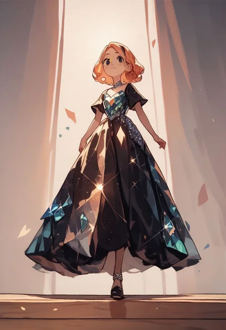 score_9, score_8_up, score_7_up, score_6_up, best quality, highres, source_anime, (cute doodle), solo, black backgruond, light, (charlie from Hazabin Hotel), young, black short, black dress, stage, fashion day, catwalk, walking, elegant, (crystalline dress)
