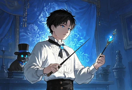 1boy, 20-yo, white shirt, holding wand, glowing gem, blue gemstone, top hat, black hair, short hair,
BREAK
very awa, masterpiece, best quality, absurdres, newest, perfect quality, detailed background, intricate details, <lora:Ink_wash_painting_style_v1.5:1>