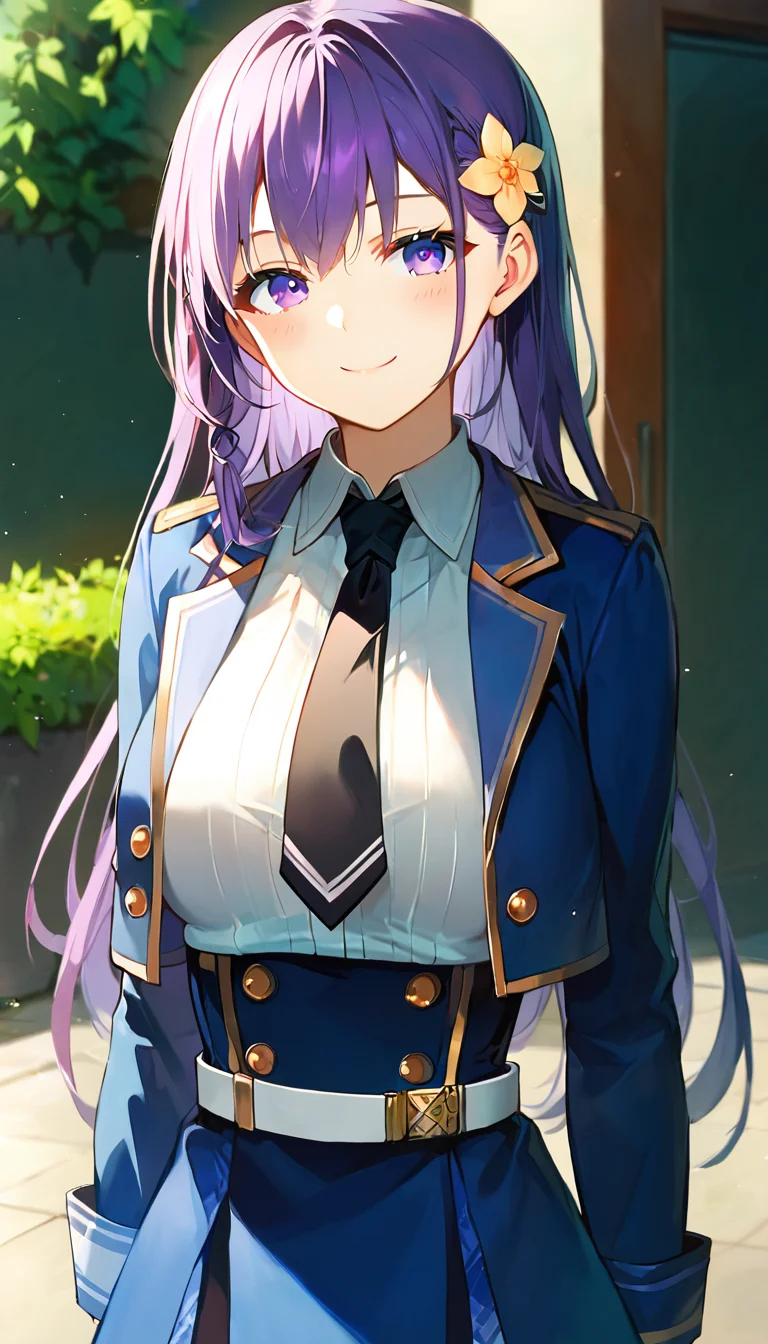 score_9,score_8_up,score_7_up,score_6_up BREAK official art,solo,outdoors,cowboy shot,upper body,(portrait:1.5),looking at viewer,facing viewer,smile,blush,Elfine Phillet,long hair,purple hair,side braid,hair ornament,hair flower,sidelocks,bangs,purple eyes,blue jacket,cropped jacket,open jacket,wing collar,black necktie,white shirt,collared shirt,dress shirt,long sleeves,medium breasts,double-breasted,white belt,blue skirt,high-waist skirt,pleated skirt,frilled skirt,brown pantyhose,loafers,black footwear,<lora:Elfine Phillet(sgmt)-Pony:1.4>,
