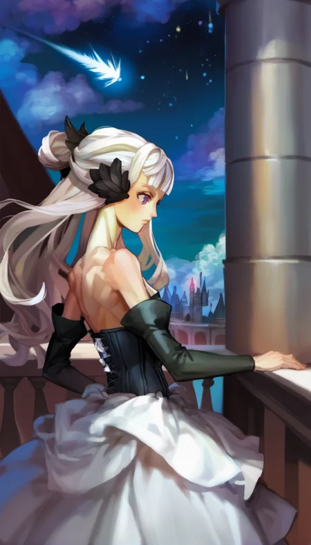 score_9,score_8_up,score_7_up,
<lora:vanillaStyle3:0.9>,
vanillastyle,
gwendolyn,
1girl,solo,white hair,long hair,half updo,blunt bangs,
purple eyes,looking ahead,
blue and black feather hair clip,
black corset,white underdress,bare shoulders,black detached sleeves,
portrait,from side,
indoors,starry sky,shooting star,castle,sky,cloud,balcony,fantasy atmosphere,particle lights,glowing element,