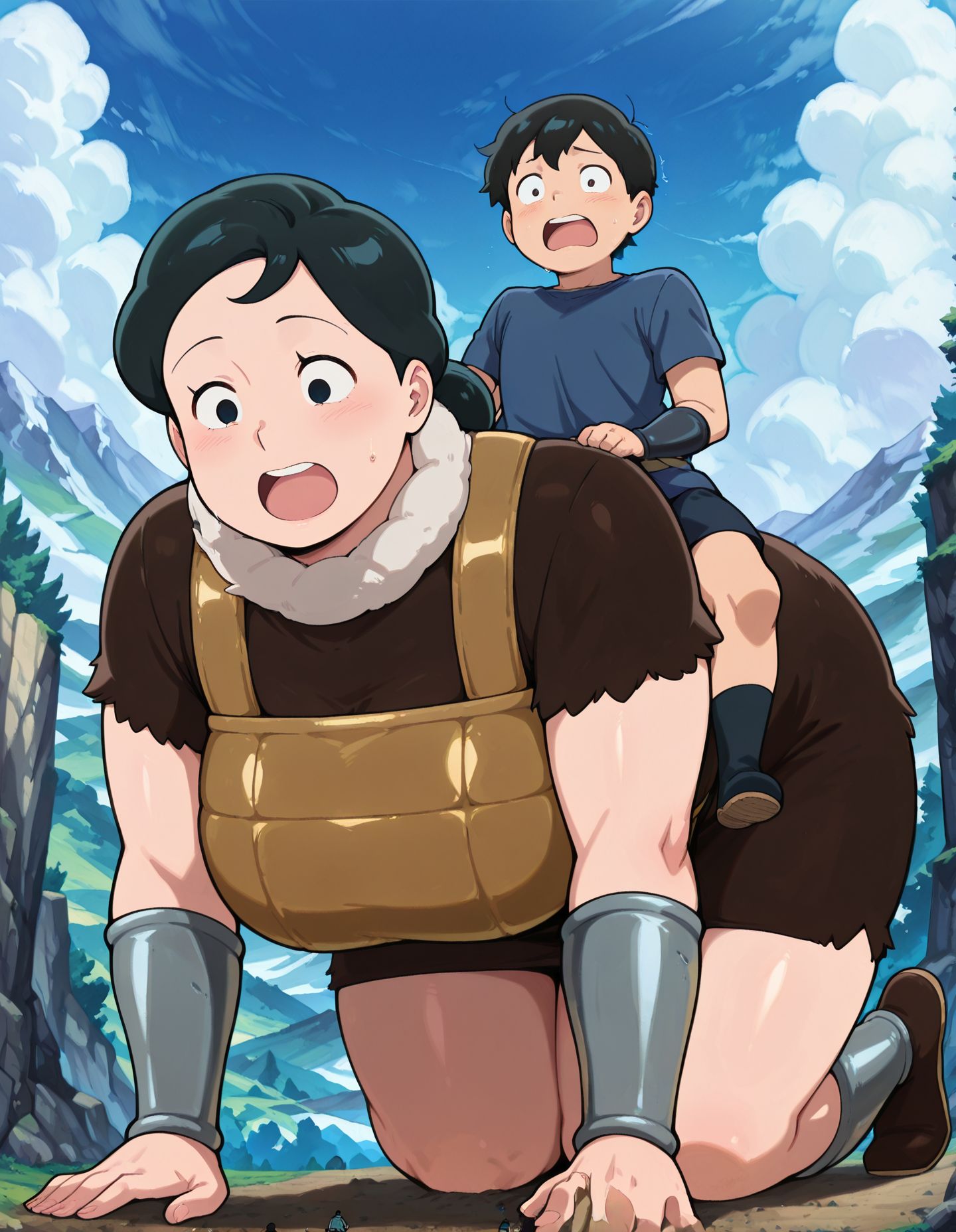 masterpiece, best quality, newest, absurdres, highres, detailed eyes, beautiful, detailed background, perfect eyes, anime coloring, anime screencap,
<lora:Small_Dom_Big_Sub:1>SDBS_V1, 
1girl,  1boy, breasts, open mouth, 
Piggyback Riding on all fours,
small male, huge female, size difference, 
outdoors, day,
<lora:Ousama Ranking_Seena:0.7>,
1girl,  Giantess,black hair, padded leather armor, fur collar, short fur skirt, short sleeves, vambraces,
small male,20YO, Bojji, adult male,
mature male,