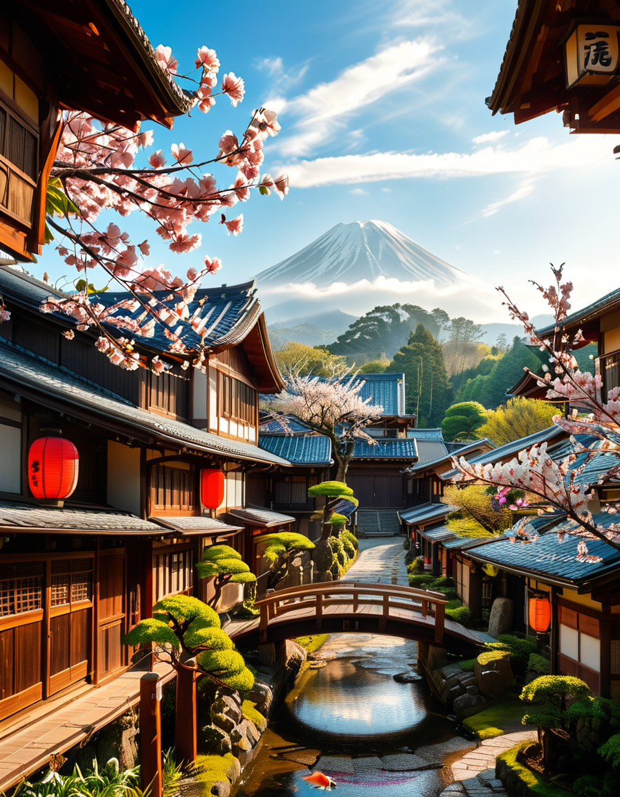 A picturesque traditional Japanese village nestled in a serene valley, surrounded by lush green mountains under a soft morning mist. The village consists of wooden houses with thatched roofs (gassho-zukuri style), showcasing intricate wooden details and sliding paper doors. A narrow stone-paved path winds through the village, leading to a small red torii gate at the entrance of a Shinto shrine. Cherry blossoms in full bloom line the streets, their pink petals gently falling in the breeze. A tranquil river flows through the village, crossed by an old wooden bridge with moss-covered stones. Villagers in traditional kimonos and straw hats go about their daily livesâan elderly man sweeping his porch, a woman carrying a basket of fresh produce, and children playing near a koi pond. The atmosphere is peaceful and nostalgic, with warm sunlight filtering through the trees, casting dappled shadows on the ground. The scene is rich in traditional Japanese aesthetics, evoking a sense of harmony and timeless beauty.
<lora:SDXLFaeTastic2400:0.4> <lora:extremely_detailed:0.4> extremely detailed,<lora:traditional_Japanese_v1ll4g3:1>,traditional Japanese v1ll4g3, Masterpiece,best quality,hi res,8k,hi res,8k,award winning,(sharp focus, intricate, highly detailed),
