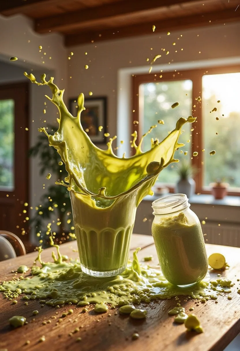 yfg-c0ff, A torrent of thick, green avocado smoothie, released from a dropped blender jar, creates a creamy splash against a rustic wooden table. The smoothie, caught in a moment of smooth, splattering chaos, forms a cloud of droplets, reflecting the warm ambient lights. A few scattered chia seeds and a slice of lime lie on the table, adding to the healthy breakfast mishap. The broken jar, now shattered, lies amidst the spill, its fragments reflecting the dynamic scene. The background is a cozy dining room, with exposed wooden beams and a view of a sunlit garden.