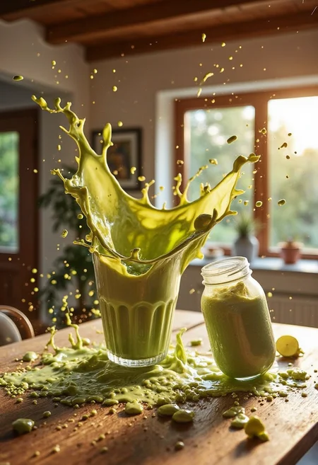 yfg-c0ff, A torrent of thick, green avocado smoothie, released from a dropped blender jar, creates a creamy splash against a rustic wooden table. The smoothie, caught in a moment of smooth, splattering chaos, forms a cloud of droplets, reflecting the warm ambient lights. A few scattered chia seeds and a slice of lime lie on the table, adding to the healthy breakfast mishap. The broken jar, now shattered, lies amidst the spill, its fragments reflecting the dynamic scene. The background is a cozy dining room, with exposed wooden beams and a view of a sunlit garden.