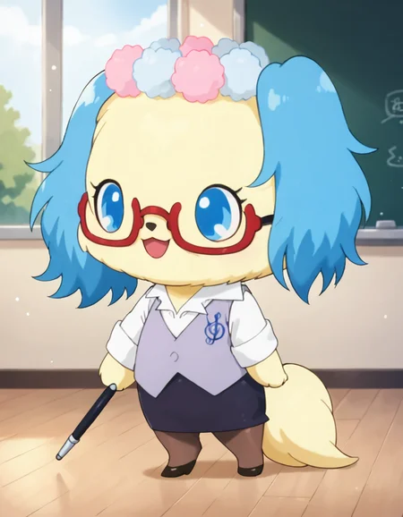 score_9, score_8_up, score_7_up, source_furry, realistic, furry, no humans, solo, jpsapphie-t, female, chibi, feral, 3 toes, yellow body, yellow face, (blue ears), yellow tail, flower crown, white shirt, grey cardigan, red glasses, black skirt, stockings, pumps, blue eyes, looking at another, :3, open mouth, smile, standing on floor, holding pointer stick, detailed background, classroom, blackboard, three-quarter view, window <lora:jp_TeacherSapphie_Pony:1>