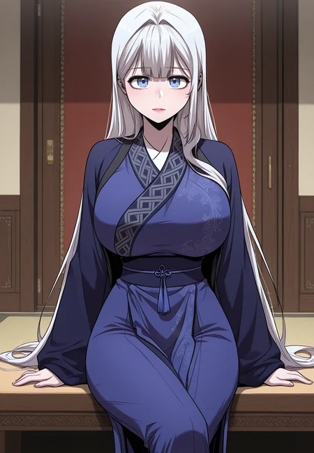 zPDXL3, score_9_up, score_8_up, score_7_up, (Anime_source),Masterpiece,(perfect female body:1.2), small waist, (incredibly detailed:1.4), beautiful fingers, (large breasts:1.2) looking at viewer, big breasts, looking at viewer, <lora:Namgoong_Bi-Ah_-_Childhood_Friend_of_the_Zenith-Kaleid_Illustrious:1> namgoongbi-ah, 1girl, white hair, long hair, blue eyes, chinese clothes, standing, sitting, crossed legs,