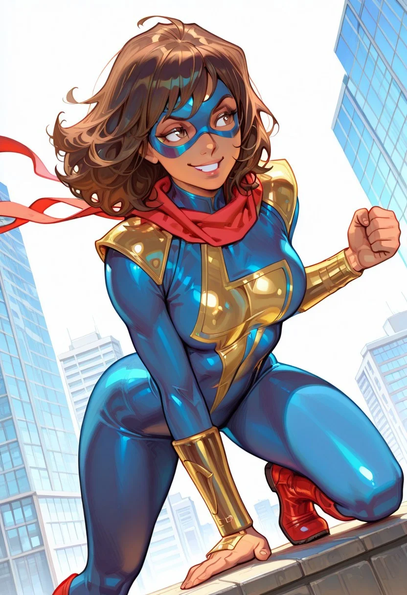 masterpiece, best quality, amazing quality, very aesthetic, absurdres, highres, newest, ledspac, mmkamalakhan, 1girl, solo, brown hair, medium hair,domino mask, smile, dark skinned female, blue bodysuit, lightning symbol, red scarf, gold pauldrons, gold bracers, red and gold boots, superhero fighting stance, smug expression, white background, rim lighting, dynamic angle, open sky, city skyline