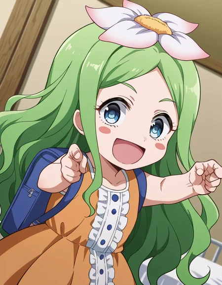 score_9, score_8_up, score_7_up, source_anime, <lora:celine-darkness-ponyxl-lora-nochekaiser:1>, celine, long hair, blue eyes, hair ornament, flower, green hair, hair flower, wavy hair, blush stickers,, dress, backpack, orange dress, frills,, zoo, animals, cages, visitors, park, smile, <lora:jotaro-kujo-pose-ponyxl-lora-nochekaiser:1>, jotaro kujo pose, kujo jotaro's pose (jojo), jojo pose, pointing, pointing at viewer, blush, open mouth, bed room,, cowboy shot, looking at viewer, solo,, dutch angle, cowboy shot