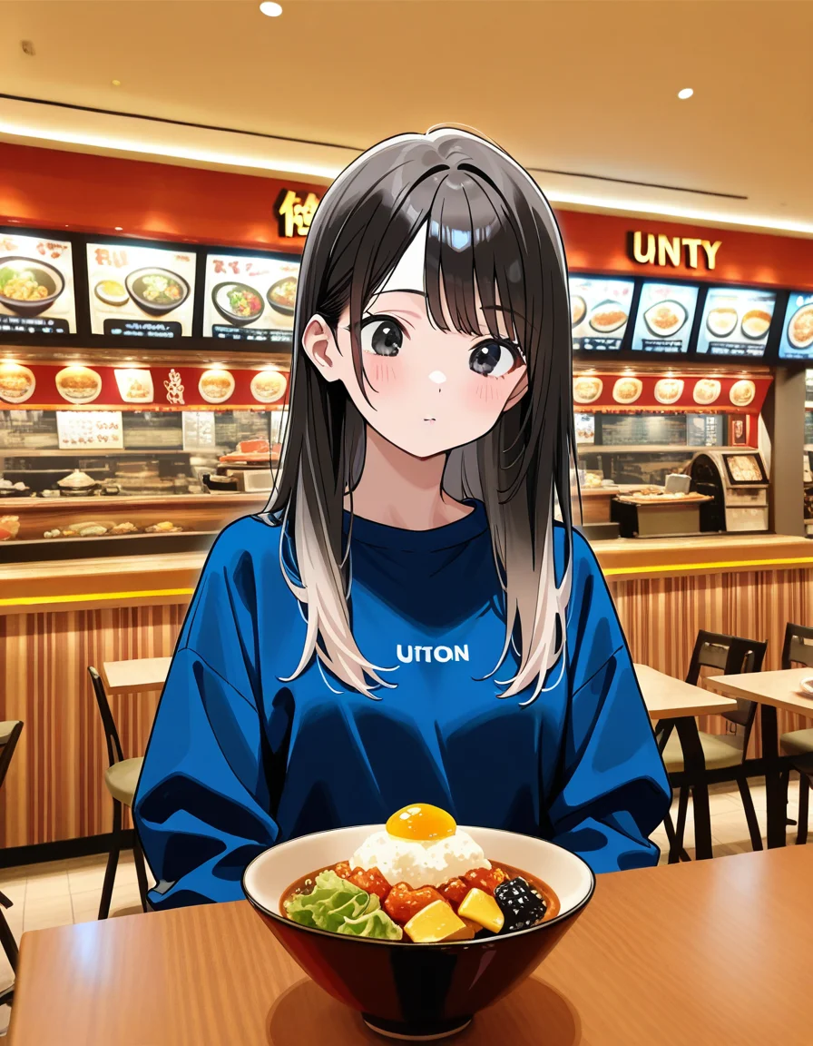 score_7_up, anime BREAK official art, solo, 1girl, one girl,
Black hair, (chest length hair:1.2), Straight Hair, bangs, one tucked behind ear, black eyes, feature large highlight, feature double highlights, shaped eyeblow,
<lora:Shopping_Mall-000006:1>, Shopping Mall, photo background, real world location,
food, restaurant, scenery, indoors, shop, bowl, table, food court, storefront,
(masterpiece:1.3), best quality, high resolution, unity 8k wallpaper, extremely detailed CG, 8K, (watercolor \(medium\), muted color, sketch:1.1), perfect anatomy, highly finished, masterpiece, best quality, high quality, amazing quality, great quality, very aesthetic, ultra detailed, highres, absurdres, highly detailed, highly detailed background,
