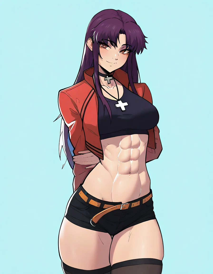 (score_9,score_8_up:1.1),score_7_up, high quality, 
stopu42, 1girl, abs, breasts, solo, shorts, jacket, purple hair, thighhighs, navel, looking at viewer, long hair, red jacket, belt, cross, smile, brown eyes, choker, short shorts, black shorts, large breasts, thighs, open jacket, muscular, bangs, open clothes, cross necklace, arm behind back